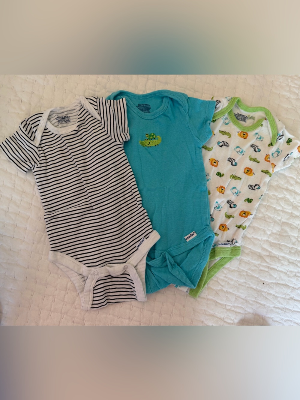 Gerber Sleeveless Baby Onsie Set of 3, in Blue, White, Green, 0-3MO